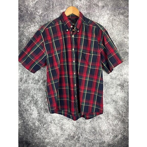 Woods & Gray Red Navy Plaid Short Sleeve Button Down Shirt Mens Medium - Picture 1 of 12